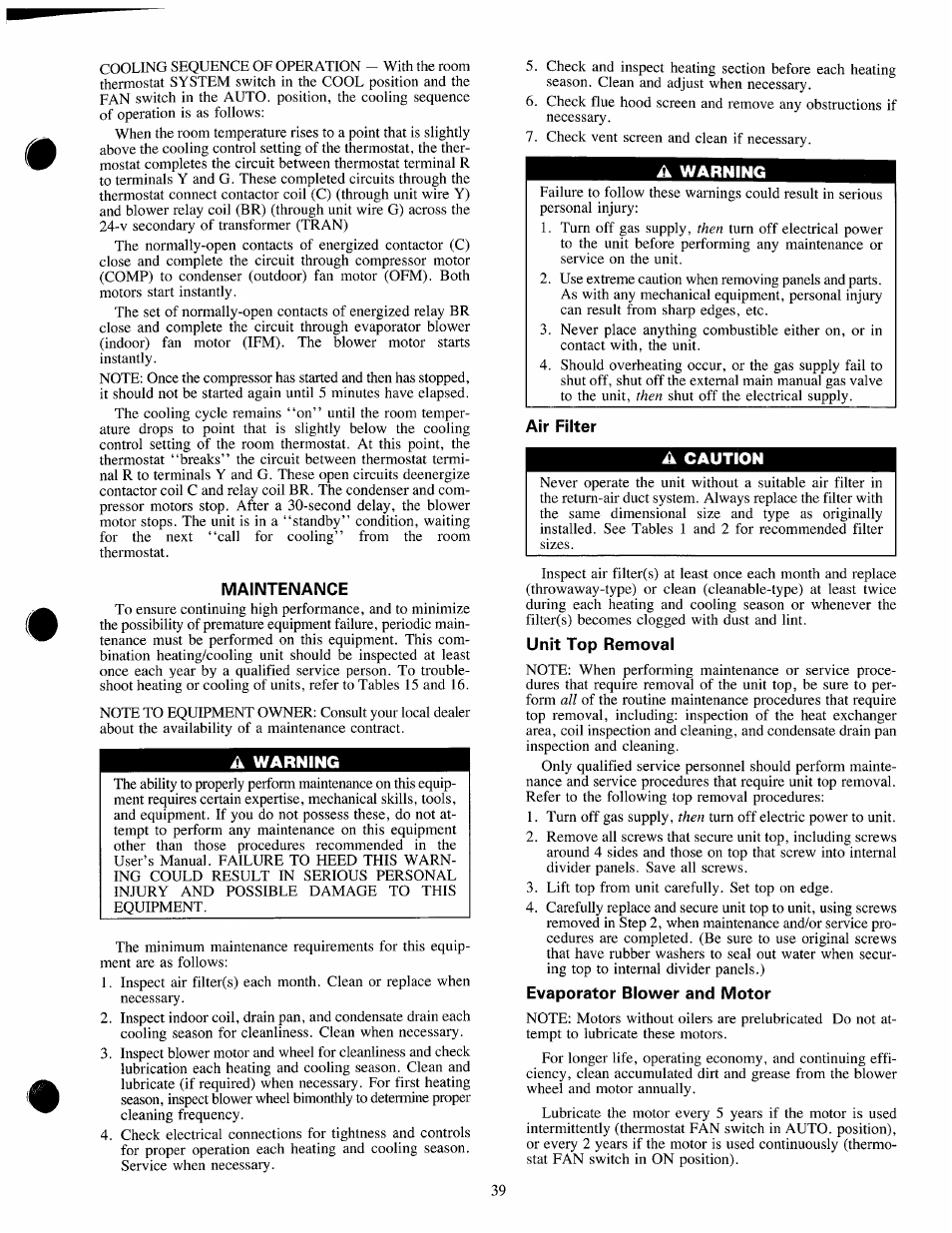Maintenance, A warning, Air filter | A caution, Unit top removal, Evaporator blower and motor | Carrier 48SX024-048 User Manual | Page 39 / 45