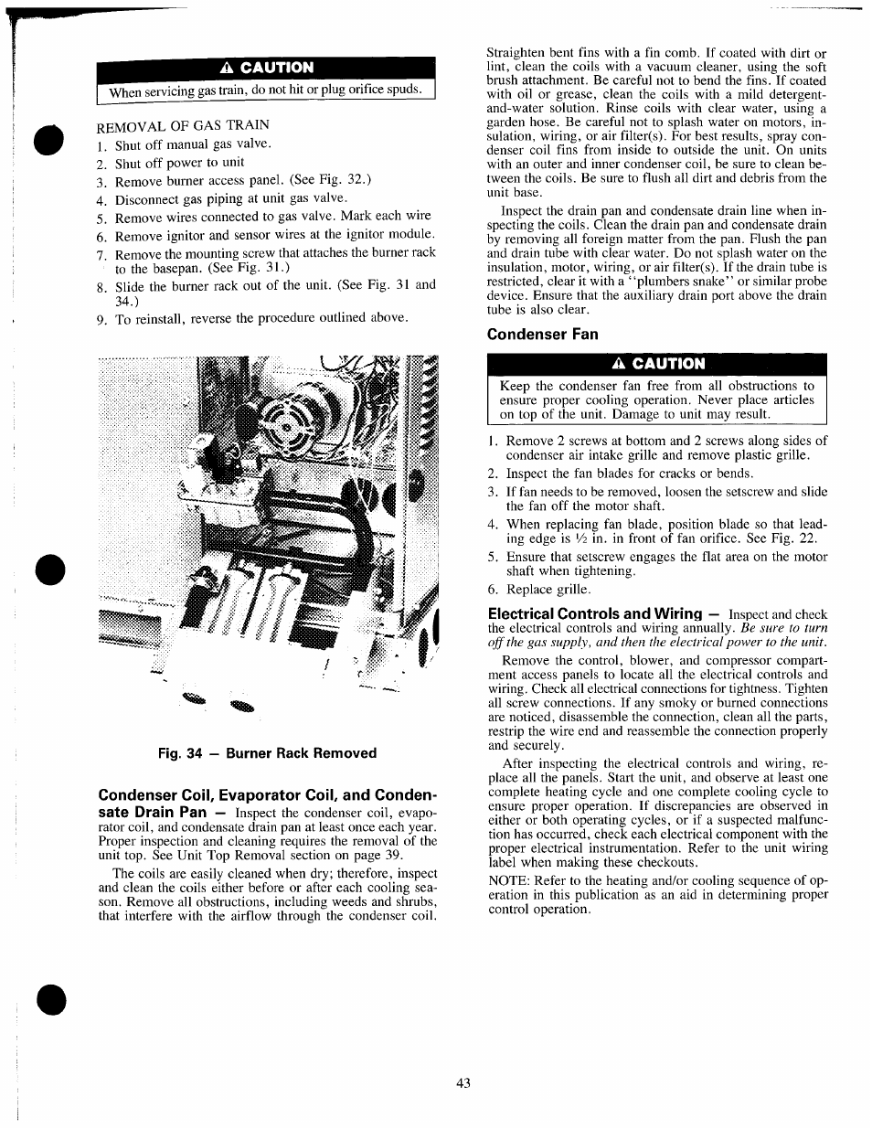 A caution, Condenser fan, Fig. 34 — burner rack removed | Carrier 48SX024-048 User Manual | Page 43 / 45