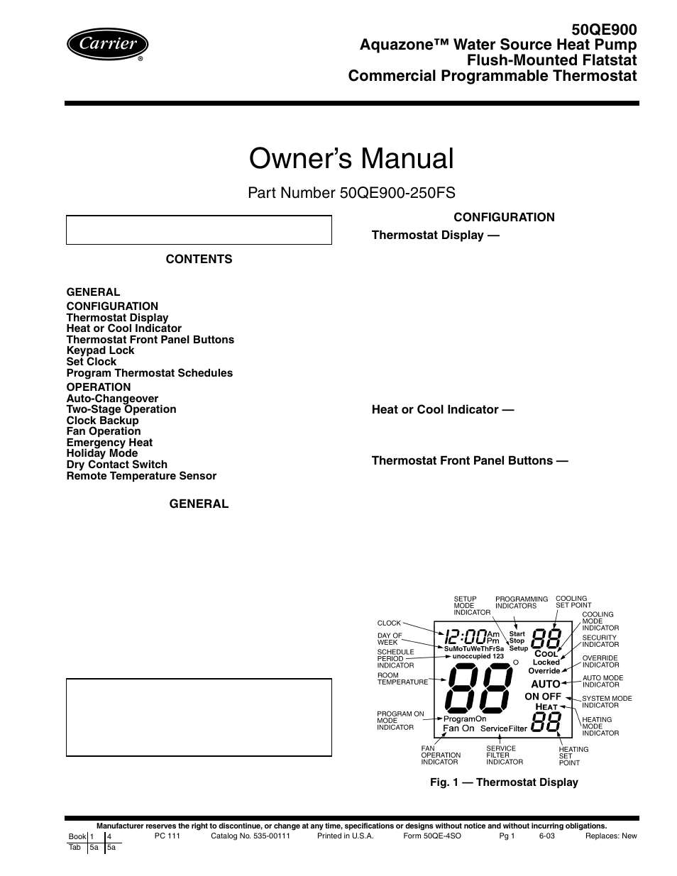 Carrier AQUAZONE 50QE900-250FS User Manual | 8 pages