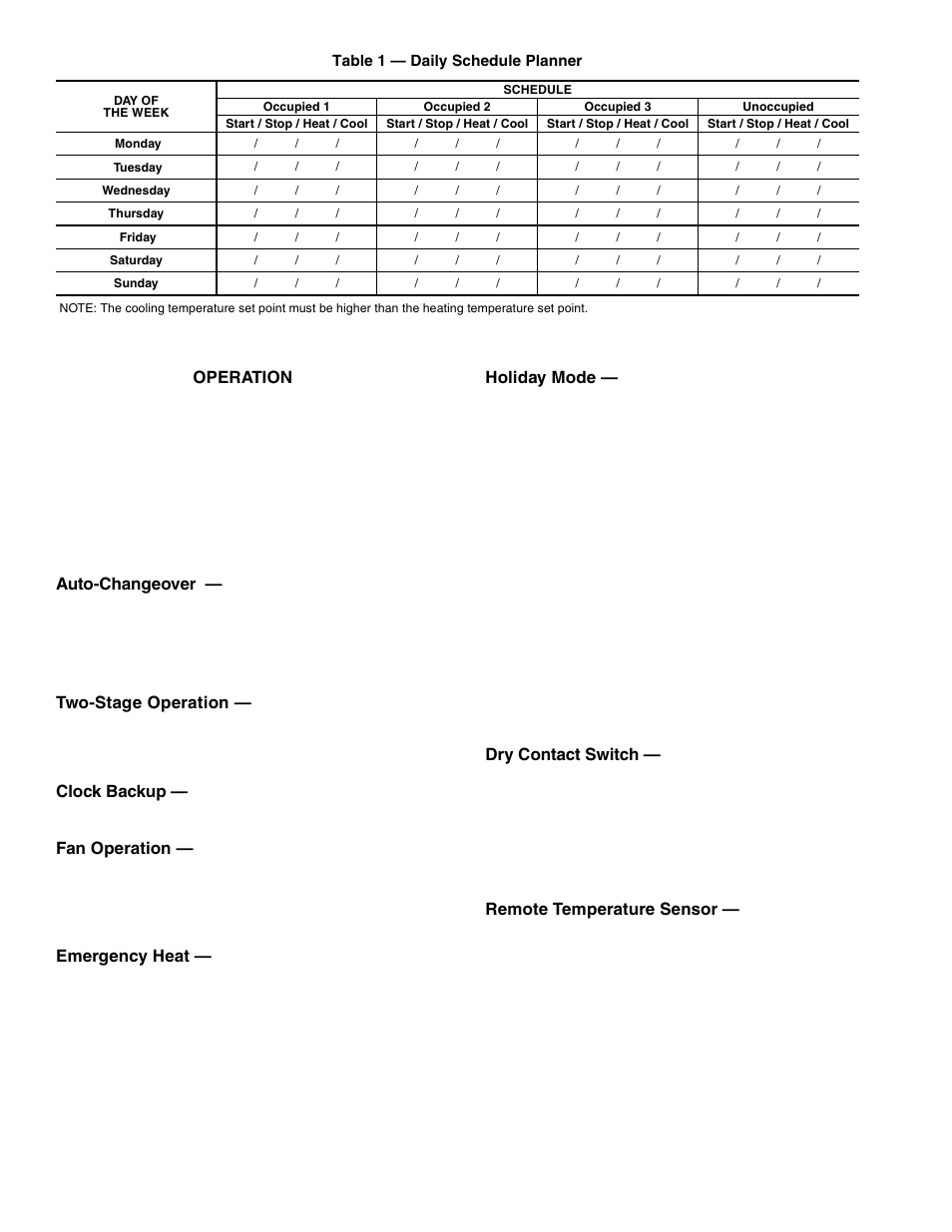 Operation, Auto-changeover, Two-stage operation | Clock backup, Fan operation, Emergency heat, Holiday mode, Dry contact switch, Remote temperature sensor | Carrier AQUAZONE 50QE900-250FS User Manual | Page 4 / 8