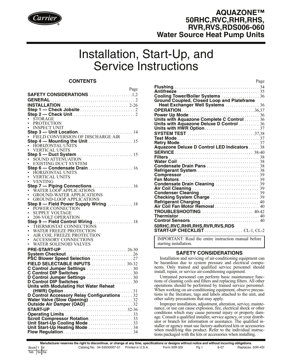 Carrier AQUAZONE RVC User Manual | 44 pages