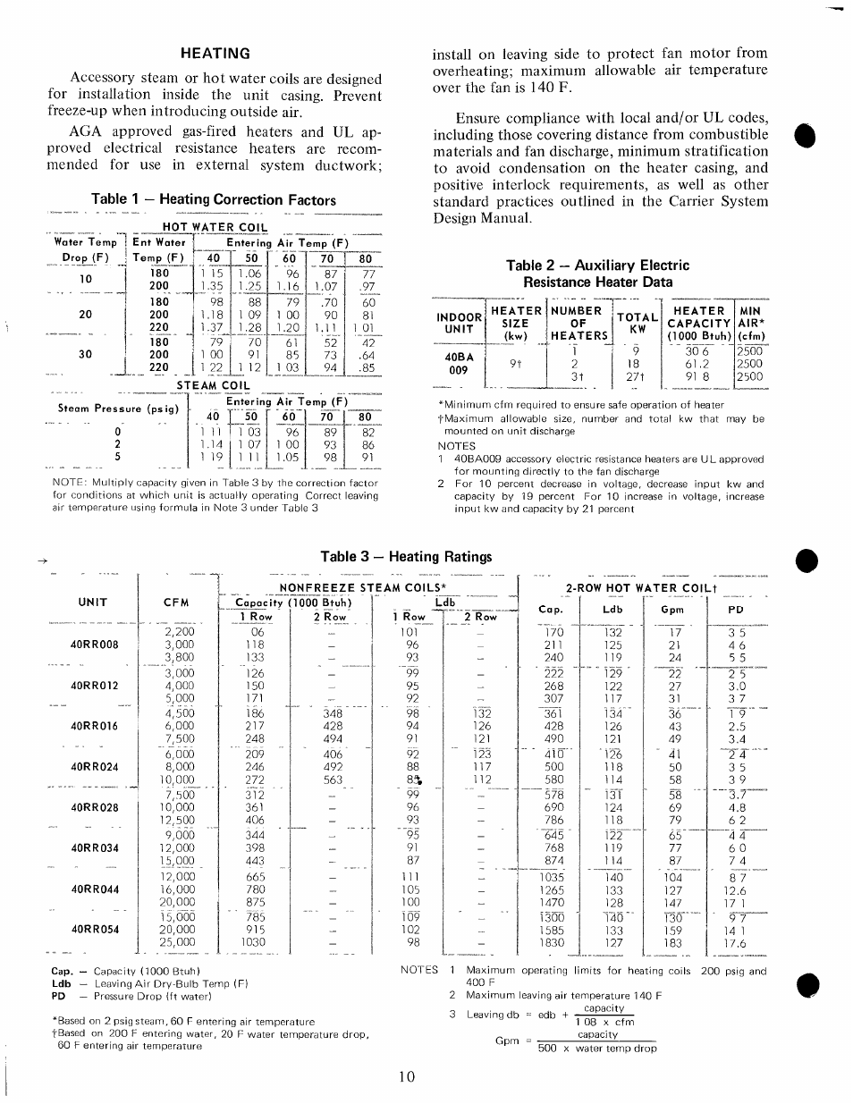 Heating, Steam pressure (psig), Indoor | Unit, 40ba, Heater, Size, Number 1, Heaters | Carrier 38BA User Manual | Page 10 / 20