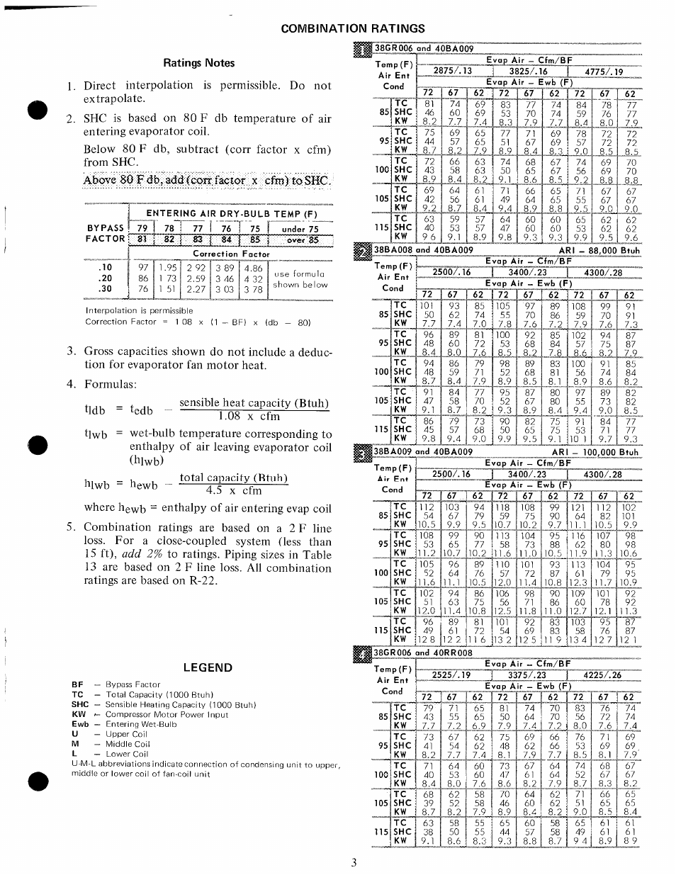 I 38gr006 and 40ba009, Ratings notes, Above 80 f db, add (corr. factor x drn) to shc | Temp(f) air ent, 80 f, Combination ratings | Carrier 38BA User Manual | Page 3 / 20