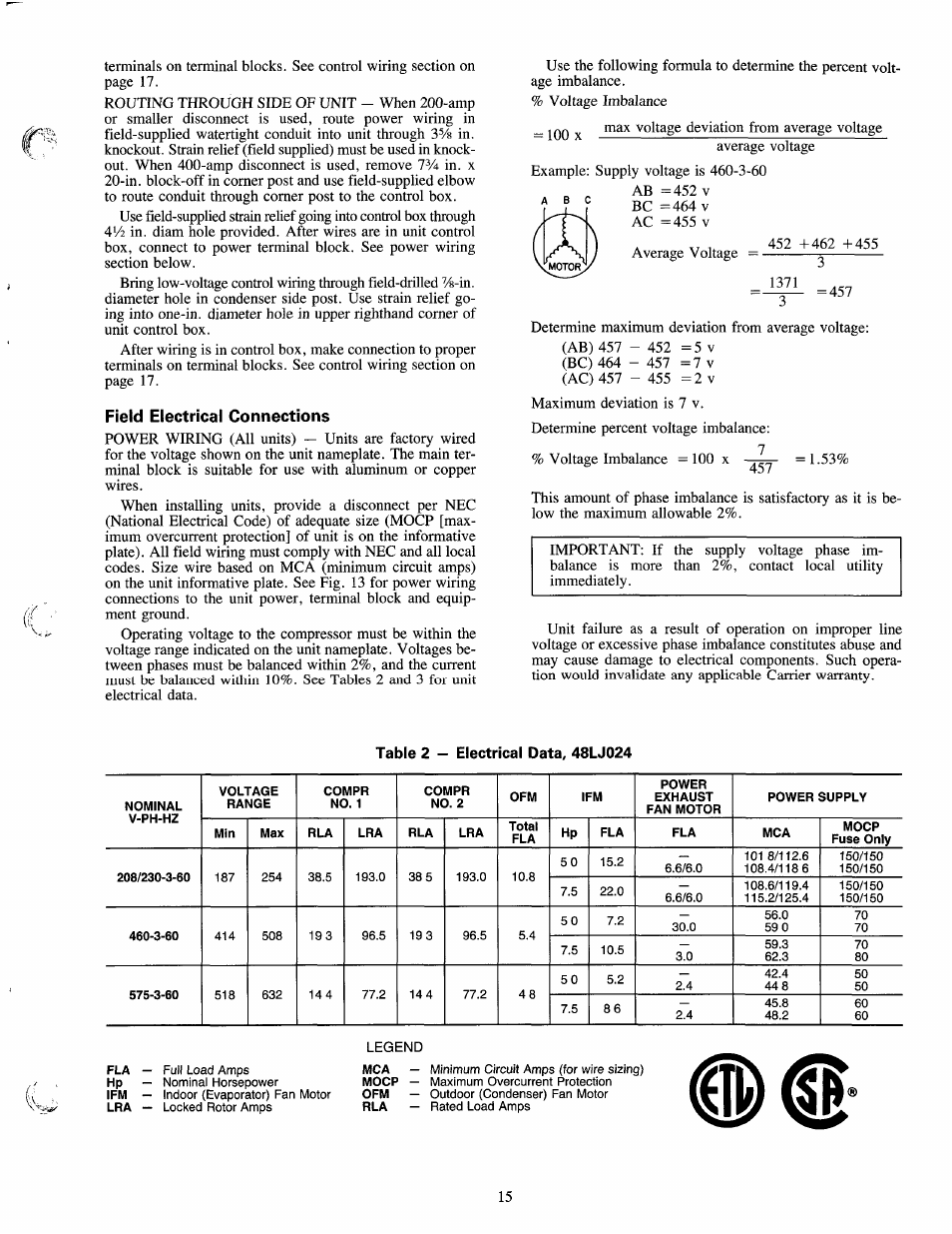 Field electrical connections | Carrier 50LJ User Manual | Page 15 / 38