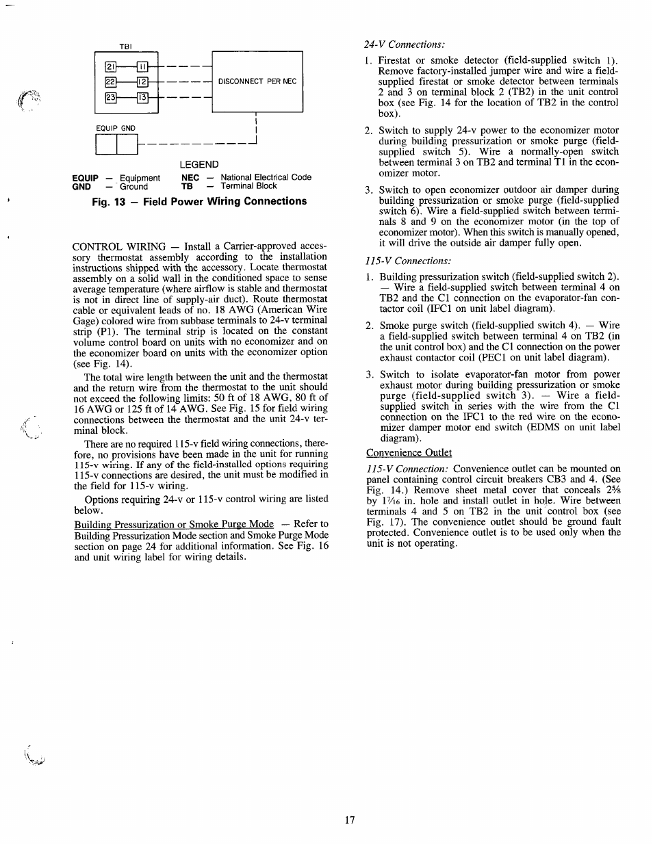 Fig. 13 — field power wiring connections | Carrier 50LJ User Manual | Page 17 / 38