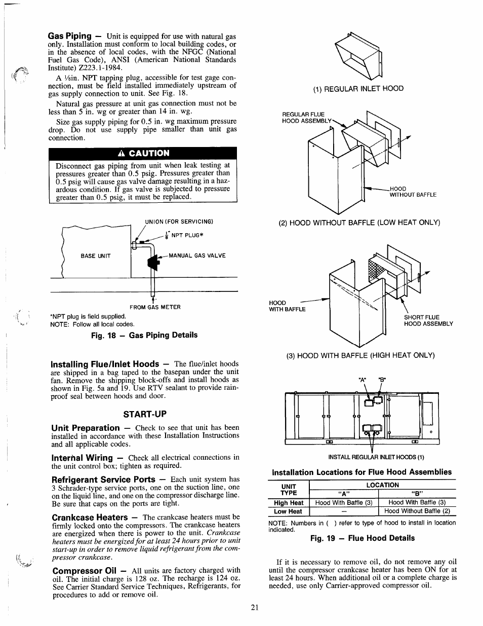 Start-up, Installation locations for flue hood assemblies, Fig. 19 — flue hood details | Carrier 50LJ User Manual | Page 21 / 38