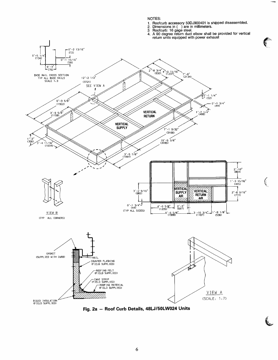 Fig. 2a — roof curb details, 48lj/50lw024 units | Carrier 50LJ User Manual | Page 6 / 38