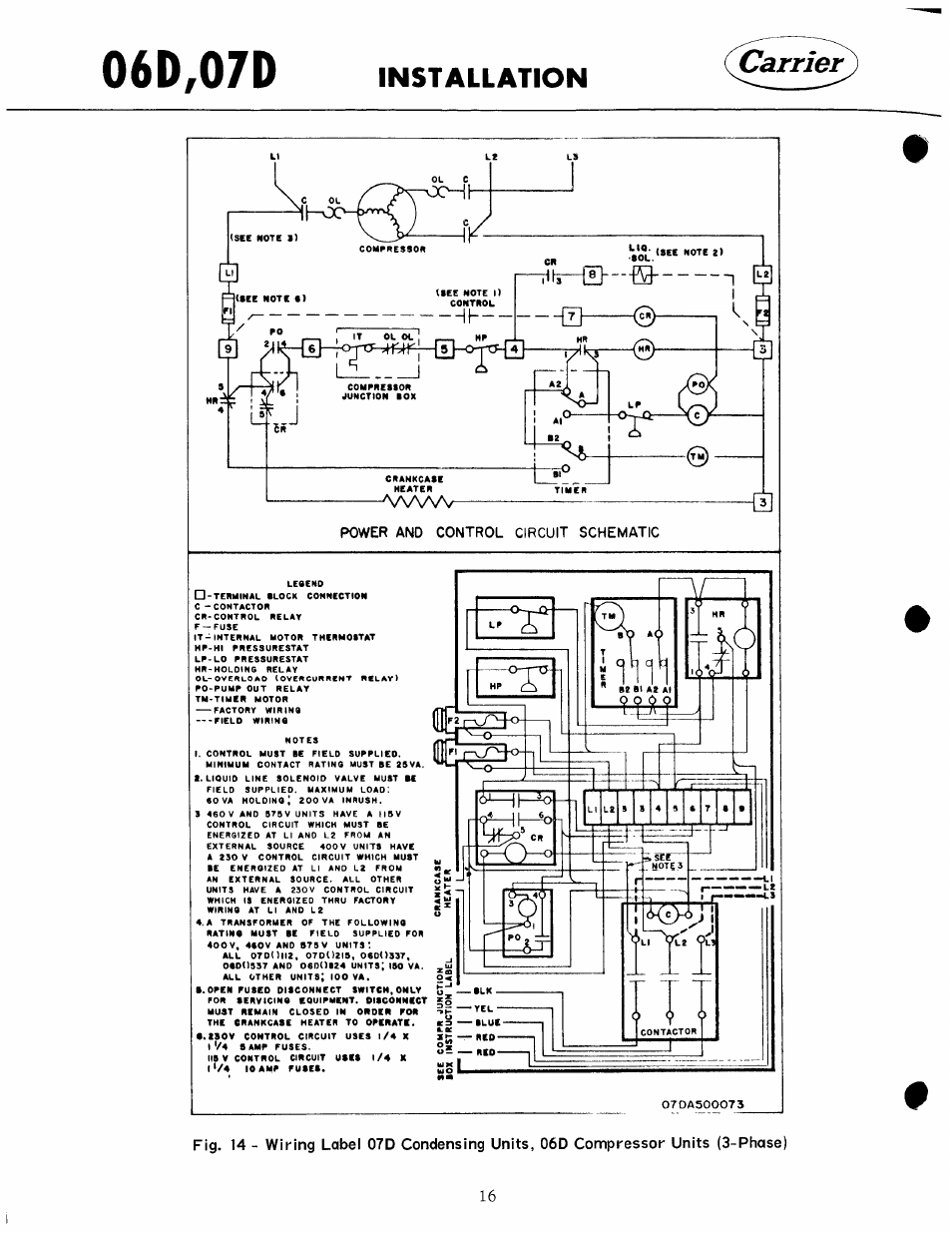 Power and control circuit schematic, 06d,07d, Installation | Carrier 07D User Manual | Page 16 / 32
