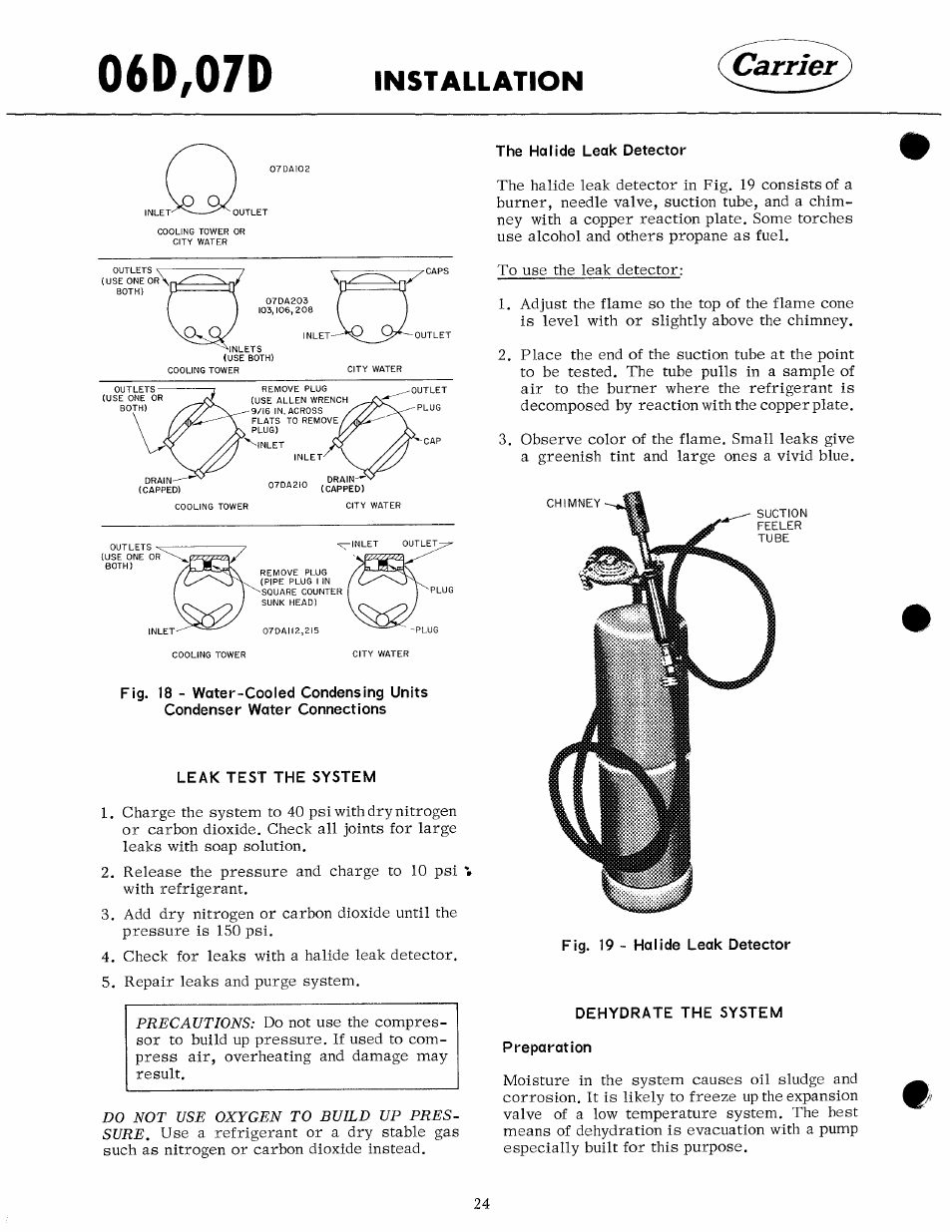 The halide leak detector, Leak test the system, Dehydrate the system preparation | 06d,07d, Carrier, Installation | Carrier 07D User Manual | Page 24 / 32