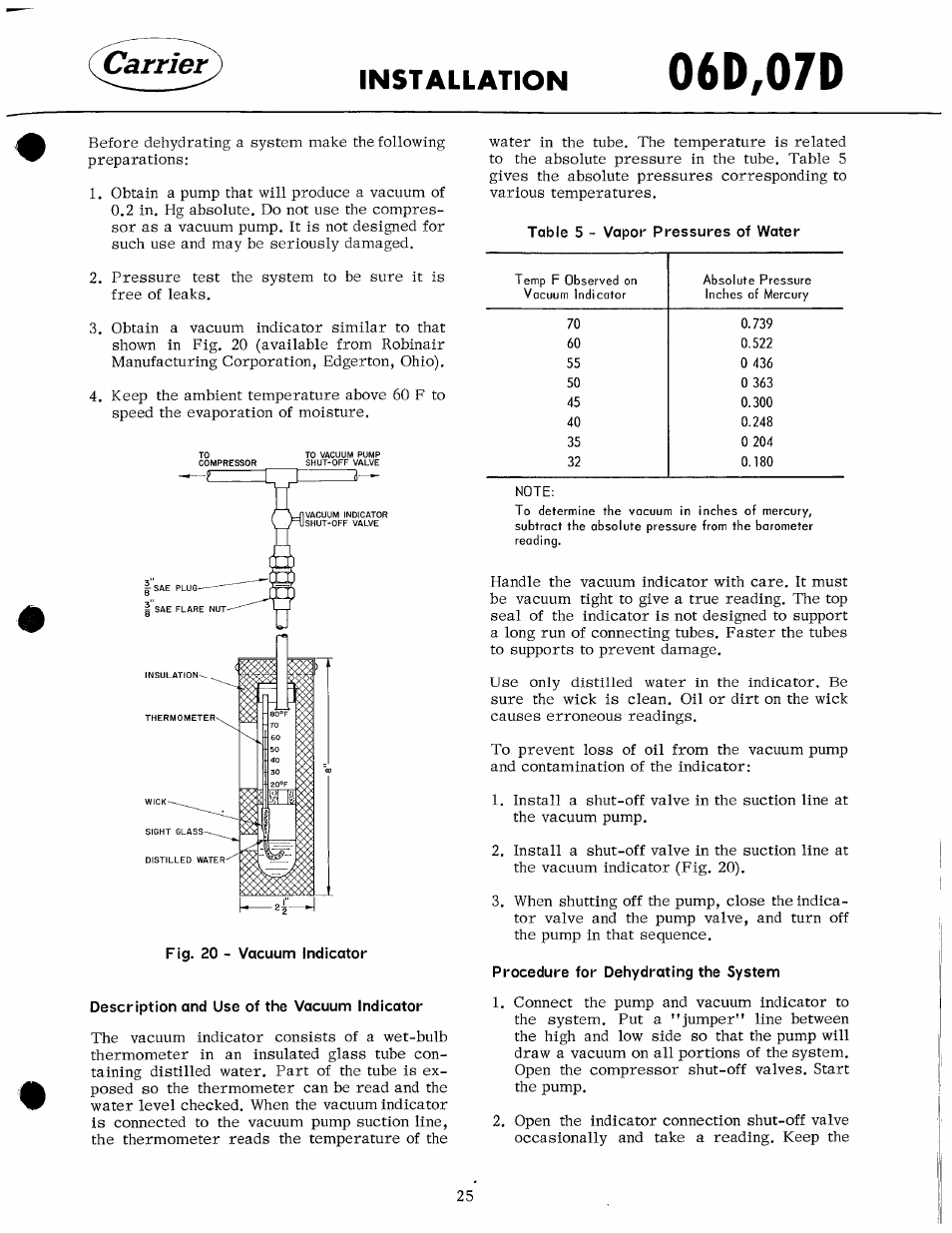 Description and use of the vacuum indicator, Procedure for dehydrating the system, 06d,07d | Installation | Carrier 07D User Manual | Page 25 / 32