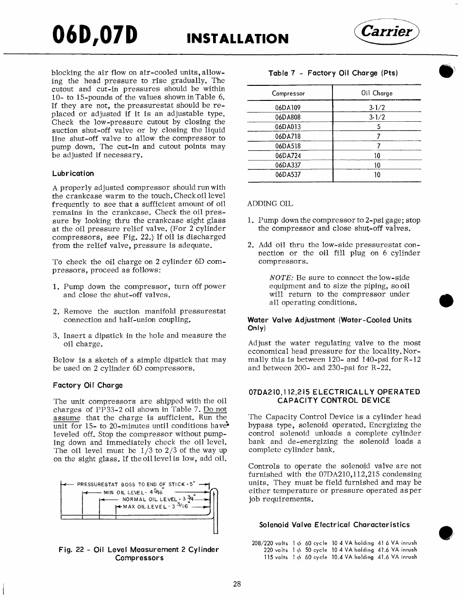 Lubrication, Water valve adjustment (water-cooled units only), Factory oil charge | Solenoid valve electrical characteristics, 06d,07d, Installation | Carrier 07D User Manual | Page 28 / 32