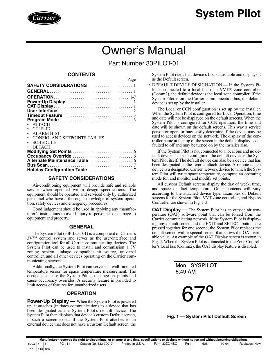 Carrier SYSTEM PILOT 33PILOT-01 User Manual | 8 pages