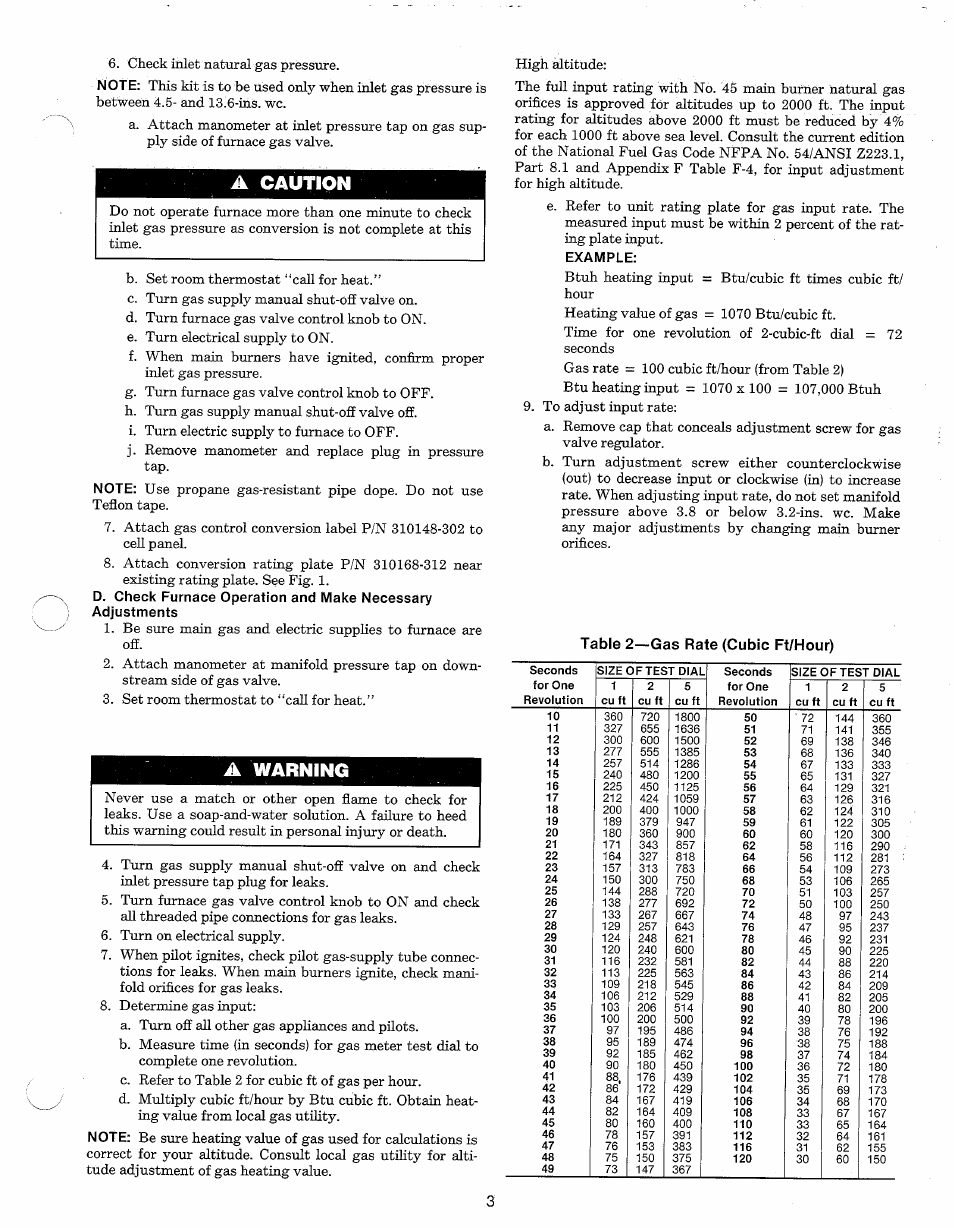 Example, A caution, A warning | Table 2—gas rate (cubic ft/hour) | Carrier 58GSC User Manual | Page 3 / 4