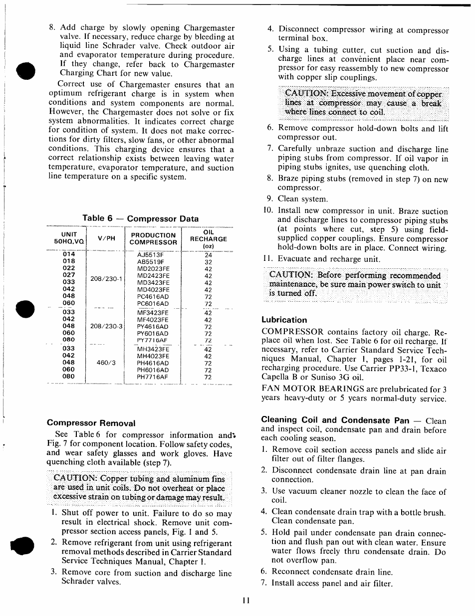 Lubrication, Compressor removal, Cleaning coil and condensate pan — clean | Carrier 50HQ User Manual | Page 11 / 14