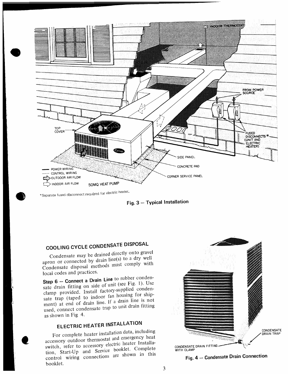 Cooling cycle condensate disposal, Electric heater installation, Condensate | Carrier 50MQ User Manual | Page 3 / 12