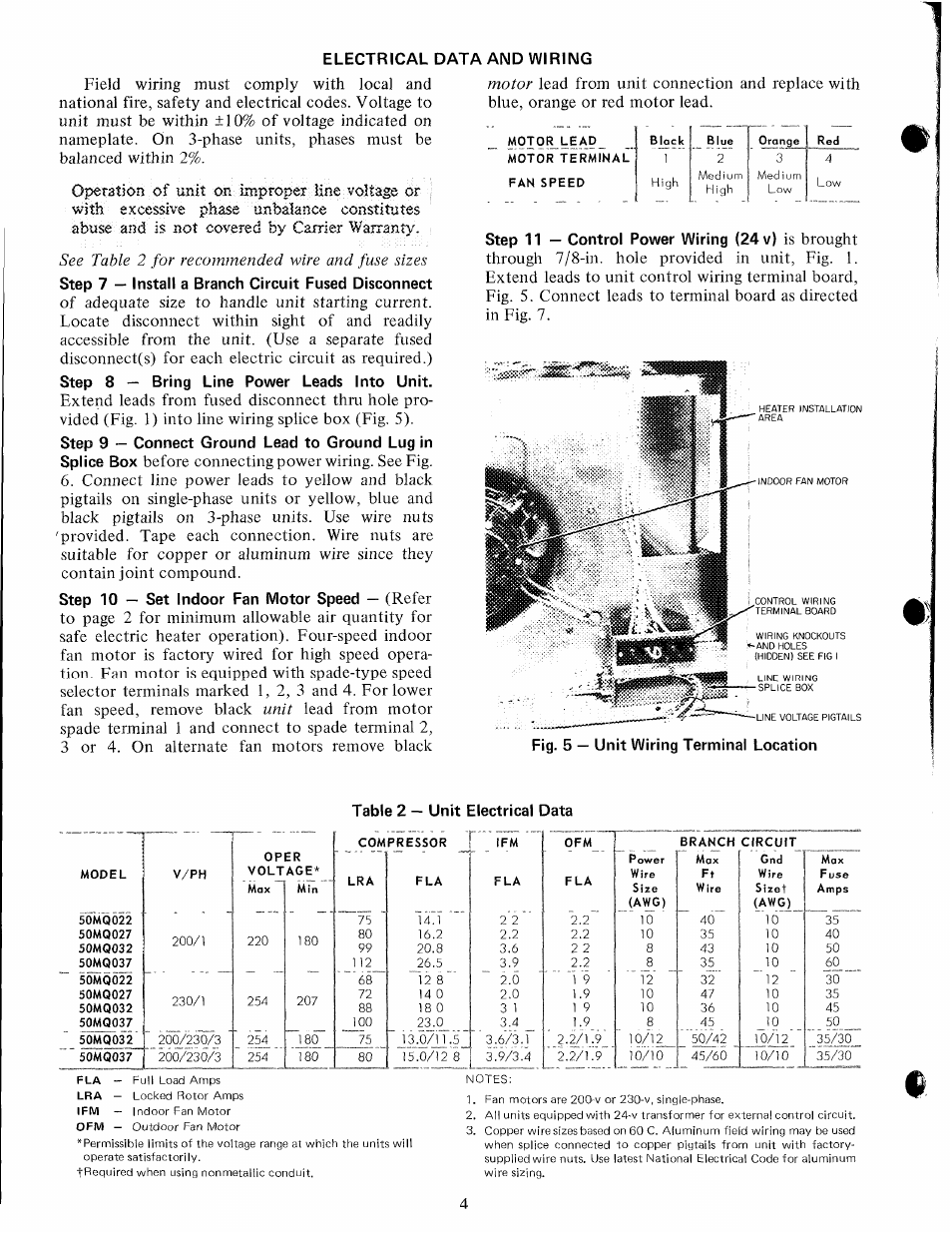 Electrical data and wiring | Carrier 50MQ User Manual | Page 4 / 12