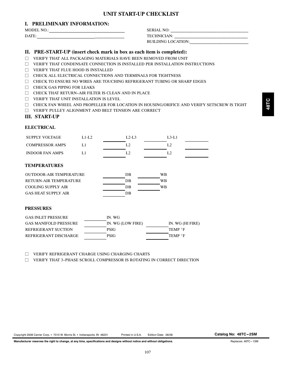 Unit start-up checklist, I. preliminary information, Iii. start-up | Carrier 48TCA04---A12 User Manual | Page 107 / 107
