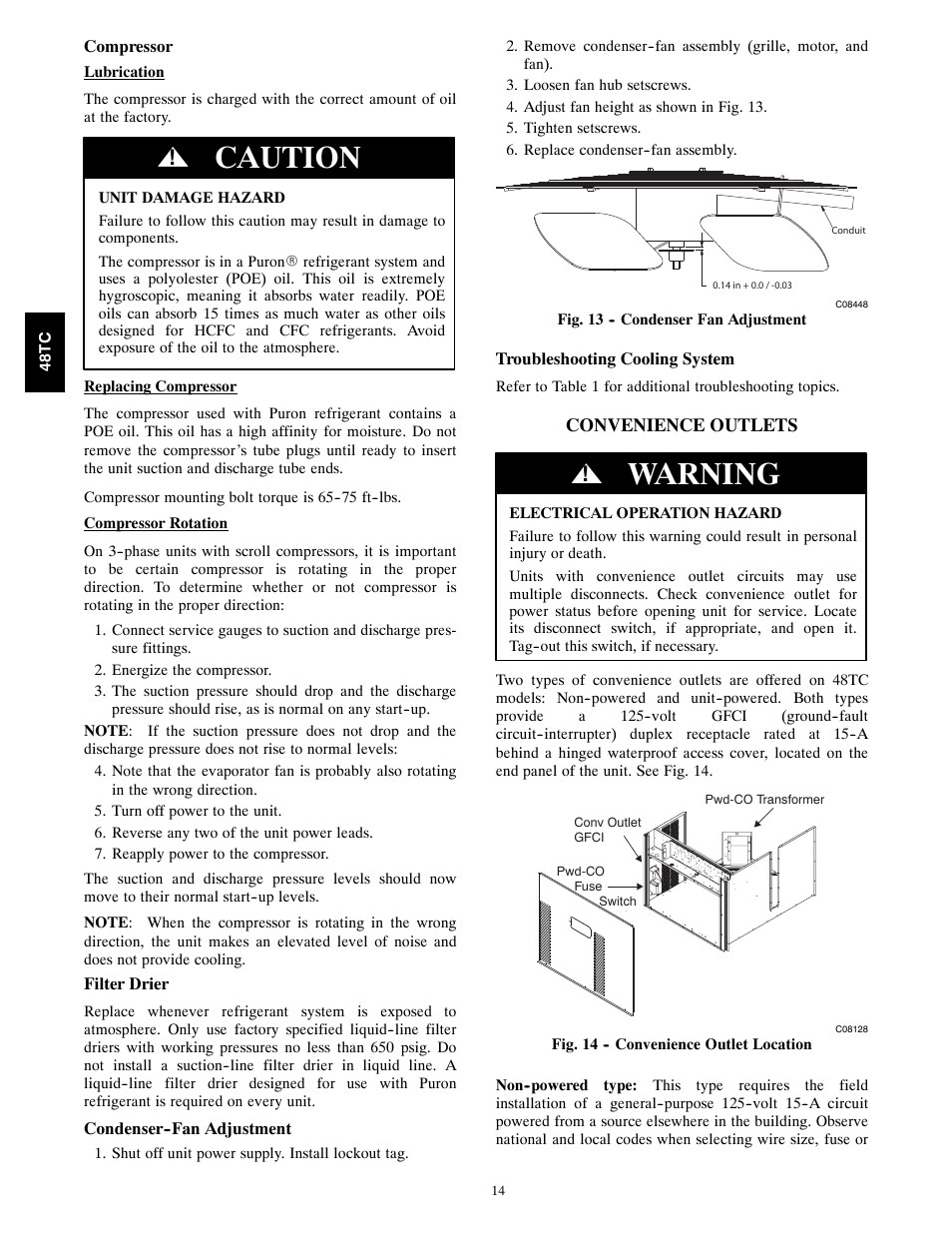 Caution, Warning | Carrier 48TCA04---A12 User Manual | Page 14 / 107