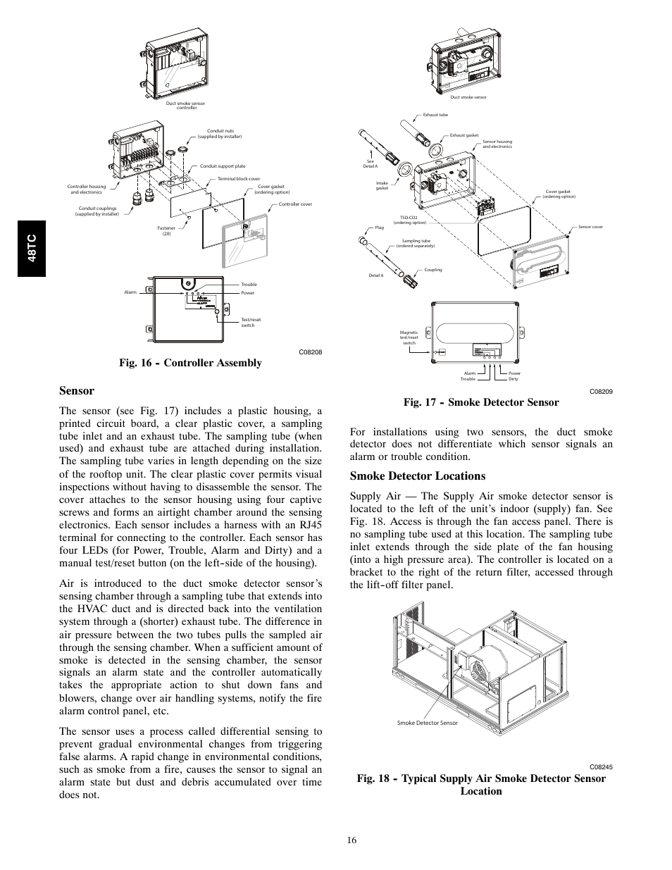 Sensor, Smoke detector locations, Fig. 16 -- controller assembly | Carrier 48TCA04---A12 User Manual | Page 16 / 107