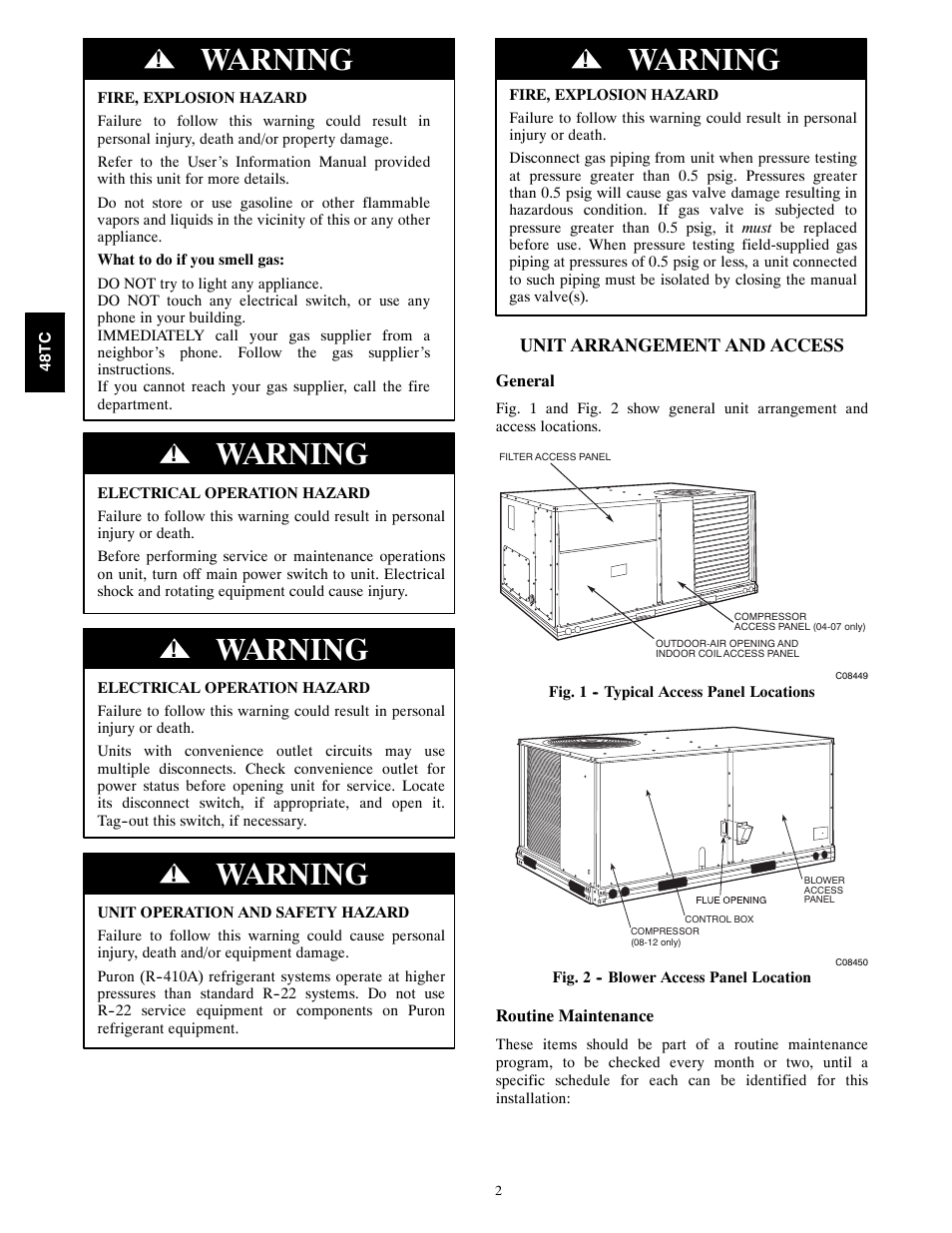 Warning | Carrier 48TCA04---A12 User Manual | Page 2 / 107