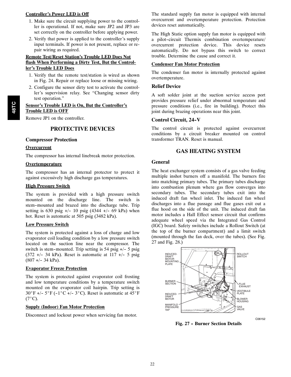 Protective devices, Gas heating system, Compressor protection | Relief device, Control circuit, 24--v, General | Carrier 48TCA04---A12 User Manual | Page 22 / 107