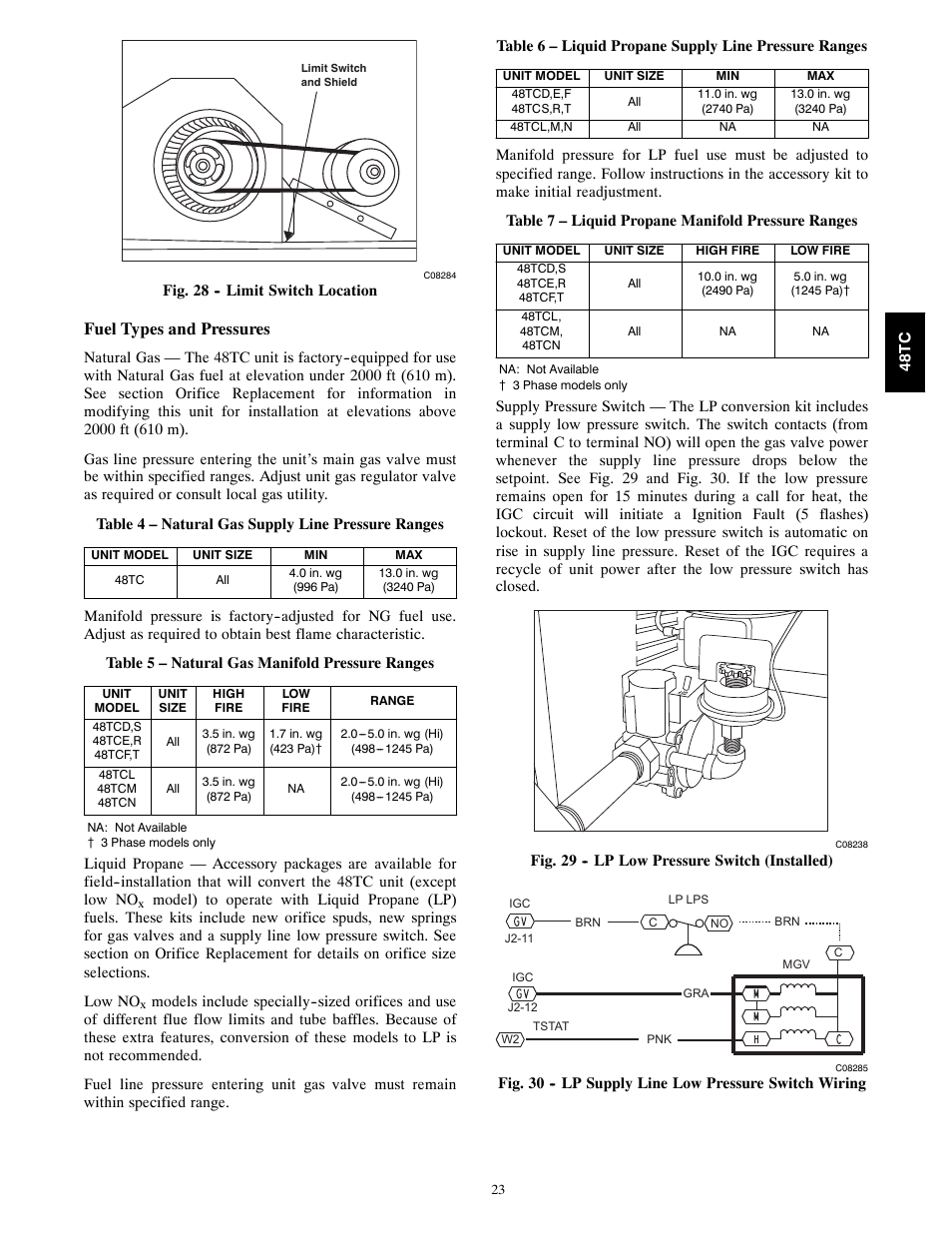 Fuel types and pressures | Carrier 48TCA04---A12 User Manual | Page 23 / 107