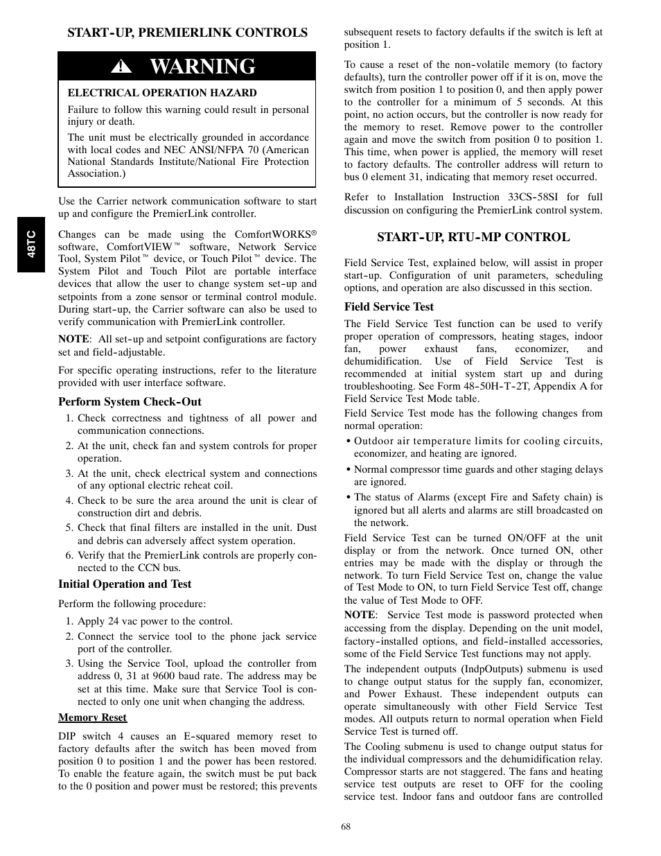 Warning | Carrier 48TCA04---A12 User Manual | Page 68 / 107