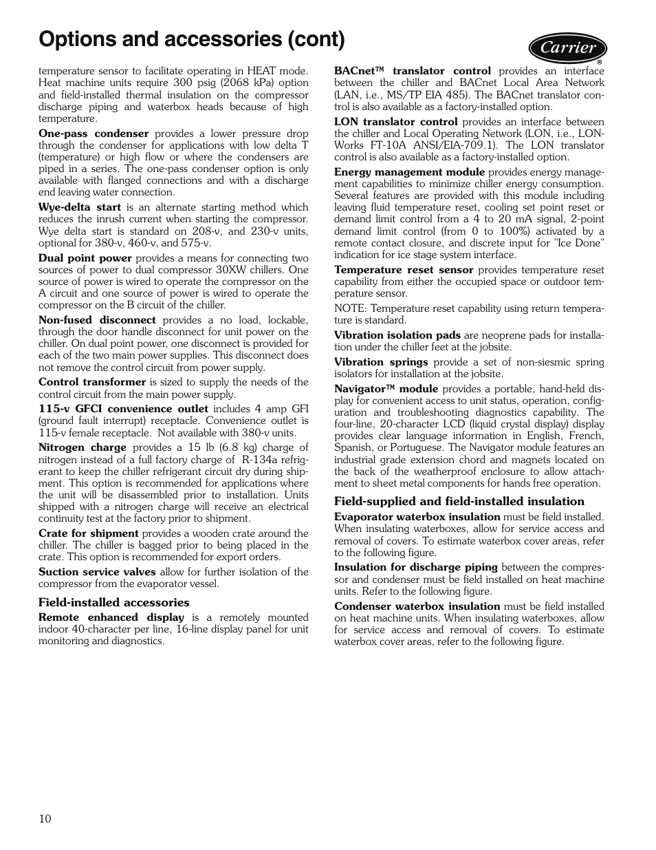 Options and accessories (cont) | Carrier 30XW325-400 User Manual | Page 10 / 32