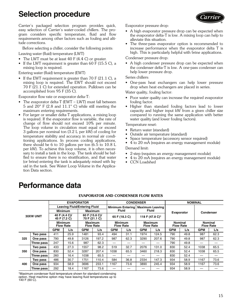 Selection procedure, Performance data, Selection procedure performance data -18 | Carrier 30XW325-400 User Manual | Page 15 / 32