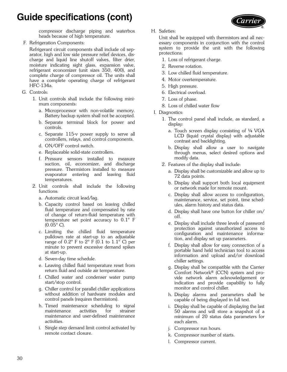 Guide specifications (cont) | Carrier 30XW325-400 User Manual | Page 30 / 32