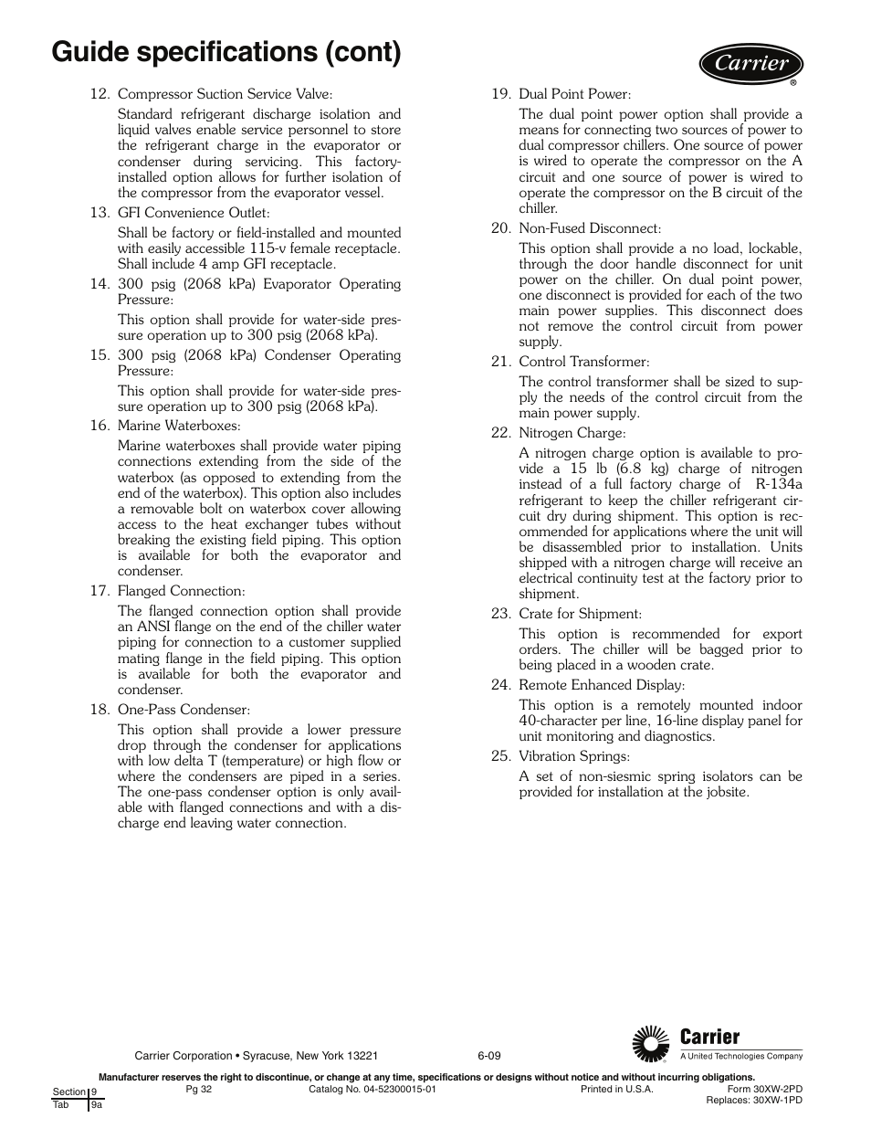 Guide specifications (cont) | Carrier 30XW325-400 User Manual | Page 32 / 32