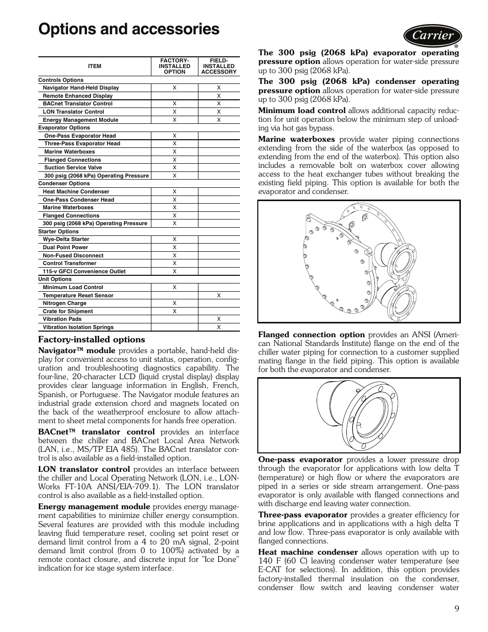 Options and accessories, Options and accessories -11, Factory-installed options | Carrier 30XW325-400 User Manual | Page 9 / 32