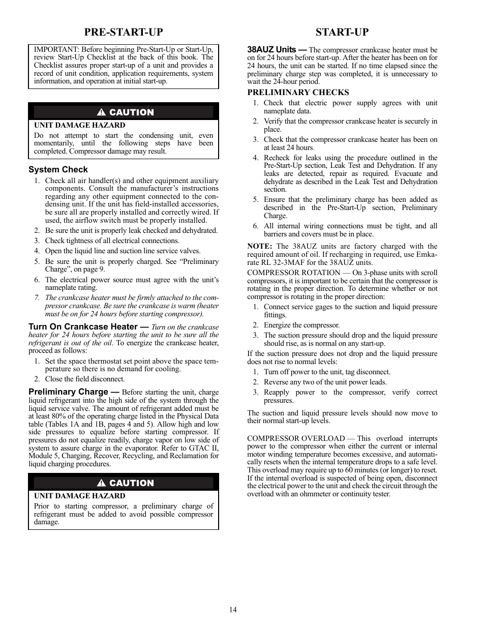 Pre-start-up, Start-up | Carrier 38AUZ User Manual | Page 14 / 28
