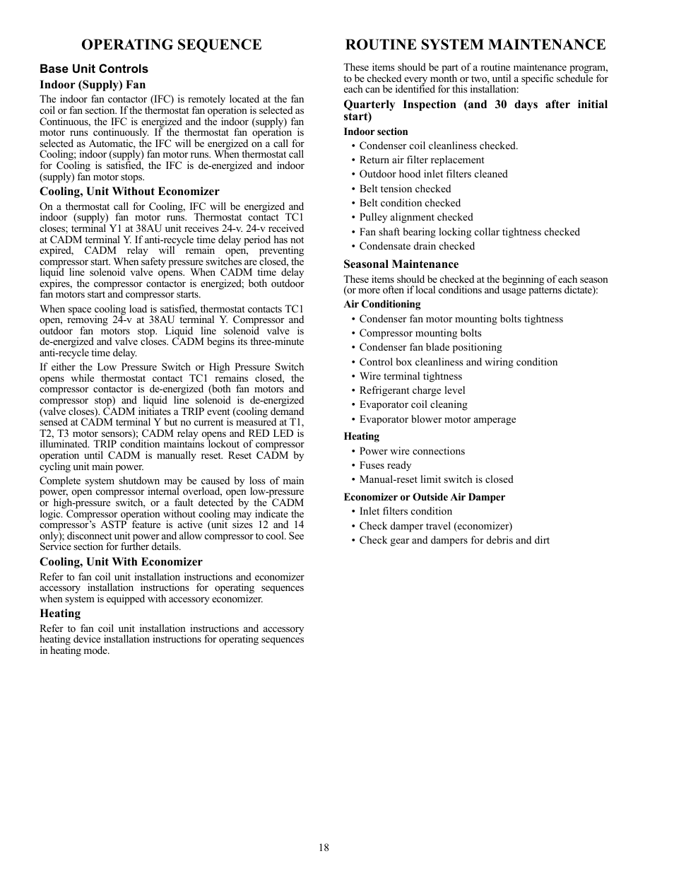 Operating sequence, Routine system maintenance | Carrier 38AUZ User Manual | Page 18 / 28