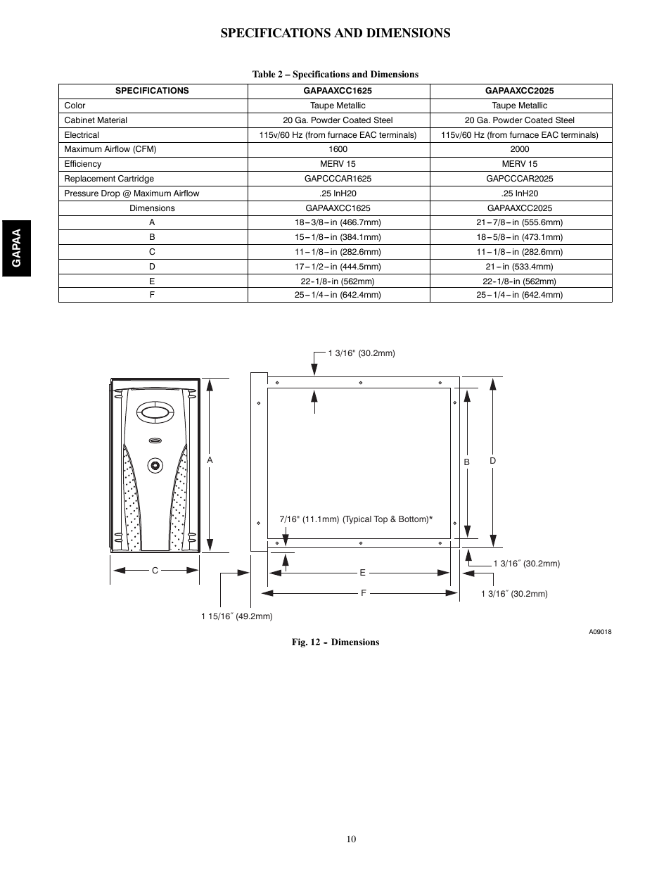 Specifications and dimensions | Carrier INFINITY 1625 User Manual | Page 10 / 12