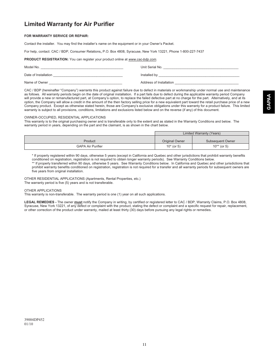 Limited warranty for air purifier | Carrier INFINITY 1625 User Manual | Page 11 / 12