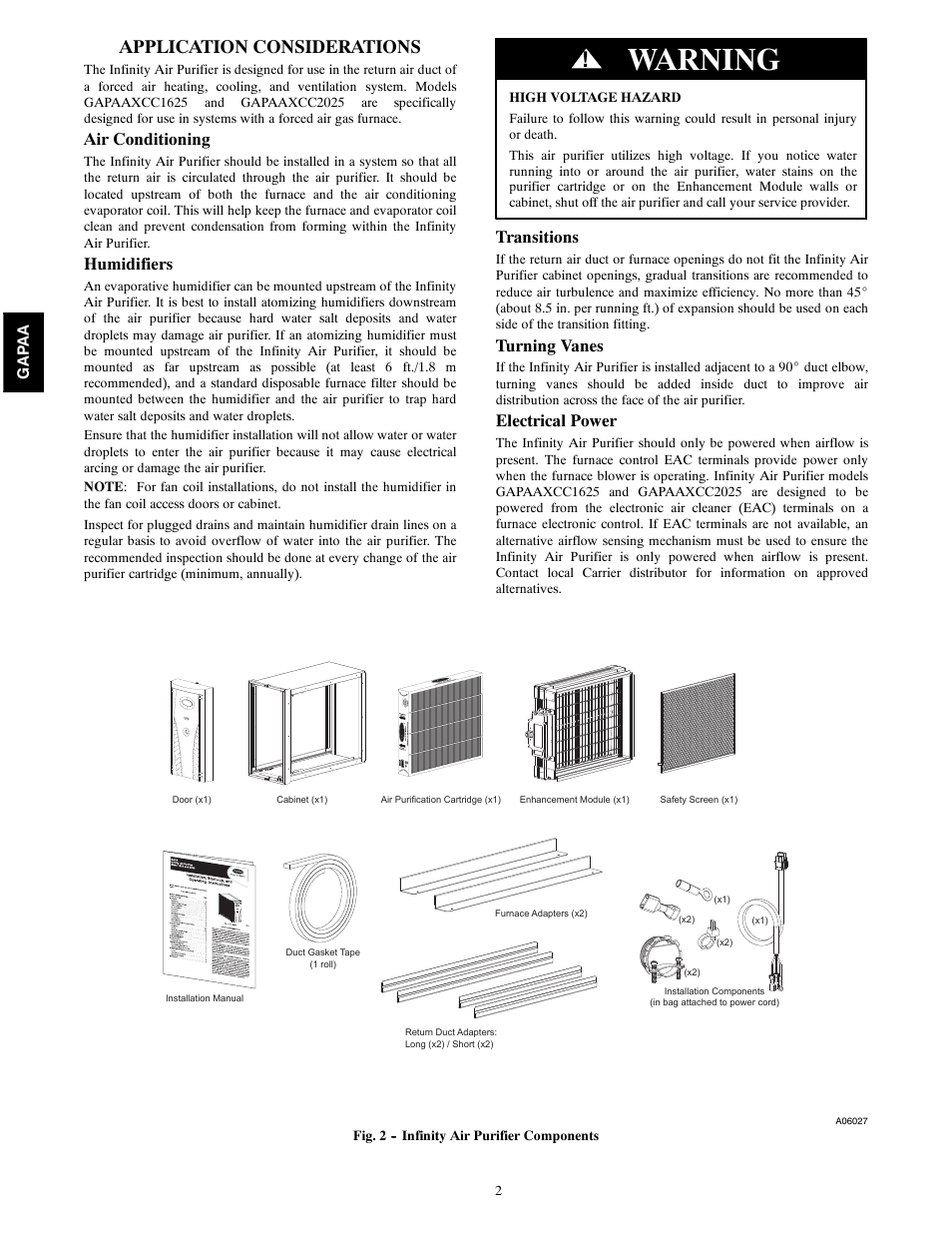 Warning, Application considerations, Air conditioning | Humidifiers, Transitions, Turning vanes, Electrical power | Carrier INFINITY 1625 User Manual | Page 2 / 12