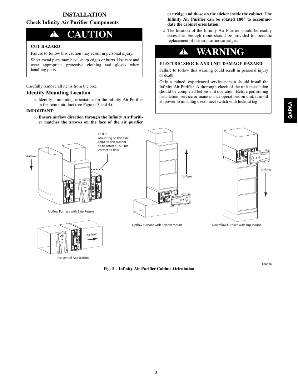 Caution, Warning, Installation | Carrier INFINITY 1625 User Manual | Page 3 / 12