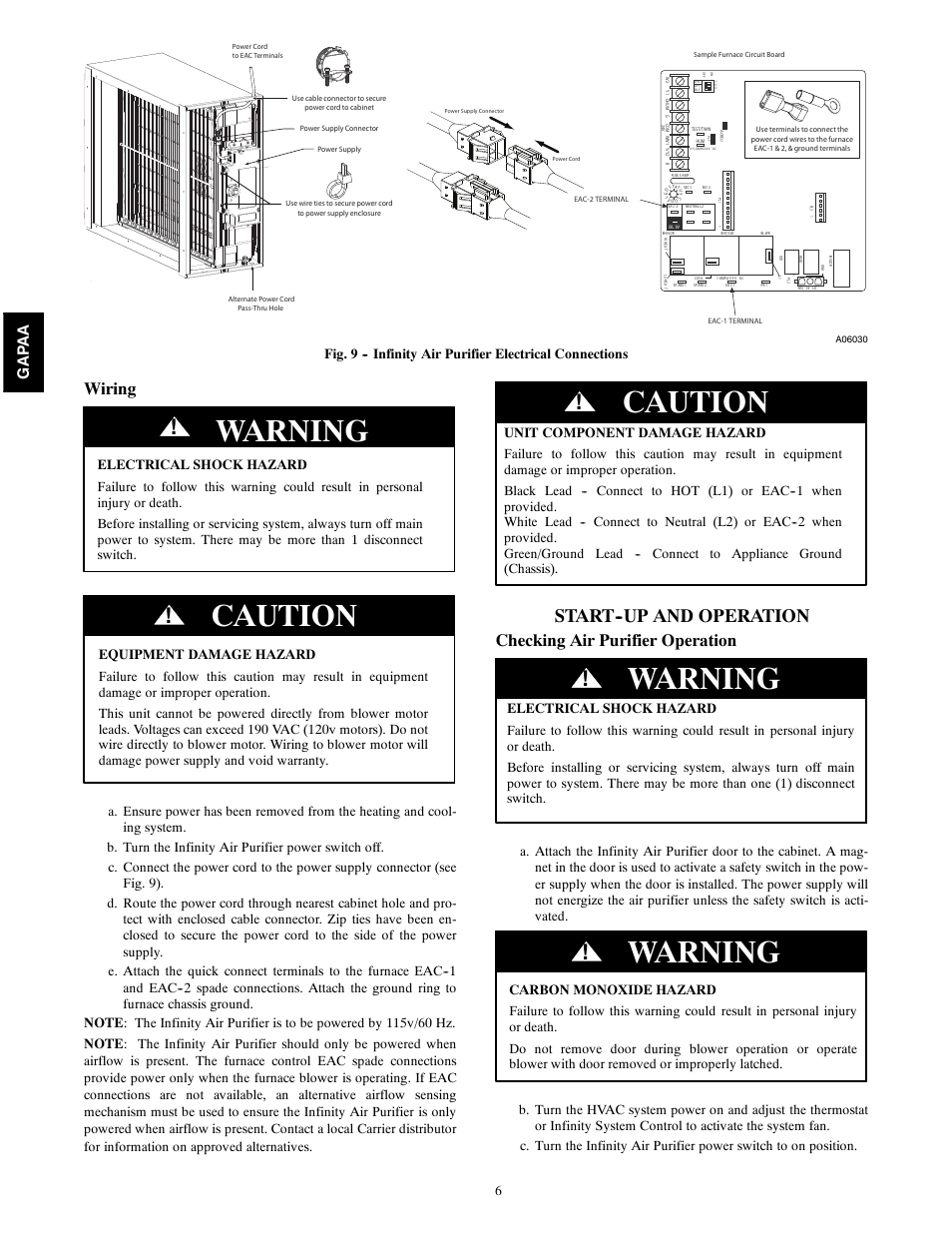 Warning, Caution, Start--up and operation | Wiring, Checking air purifier operation, Gap a a | Carrier INFINITY 1625 User Manual | Page 6 / 12