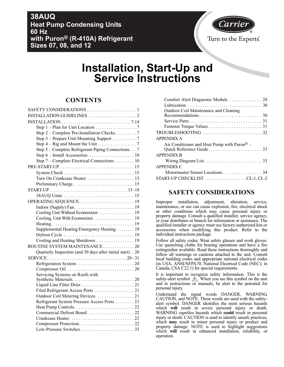 Carrier 38AUQ User Manual | 36 pages