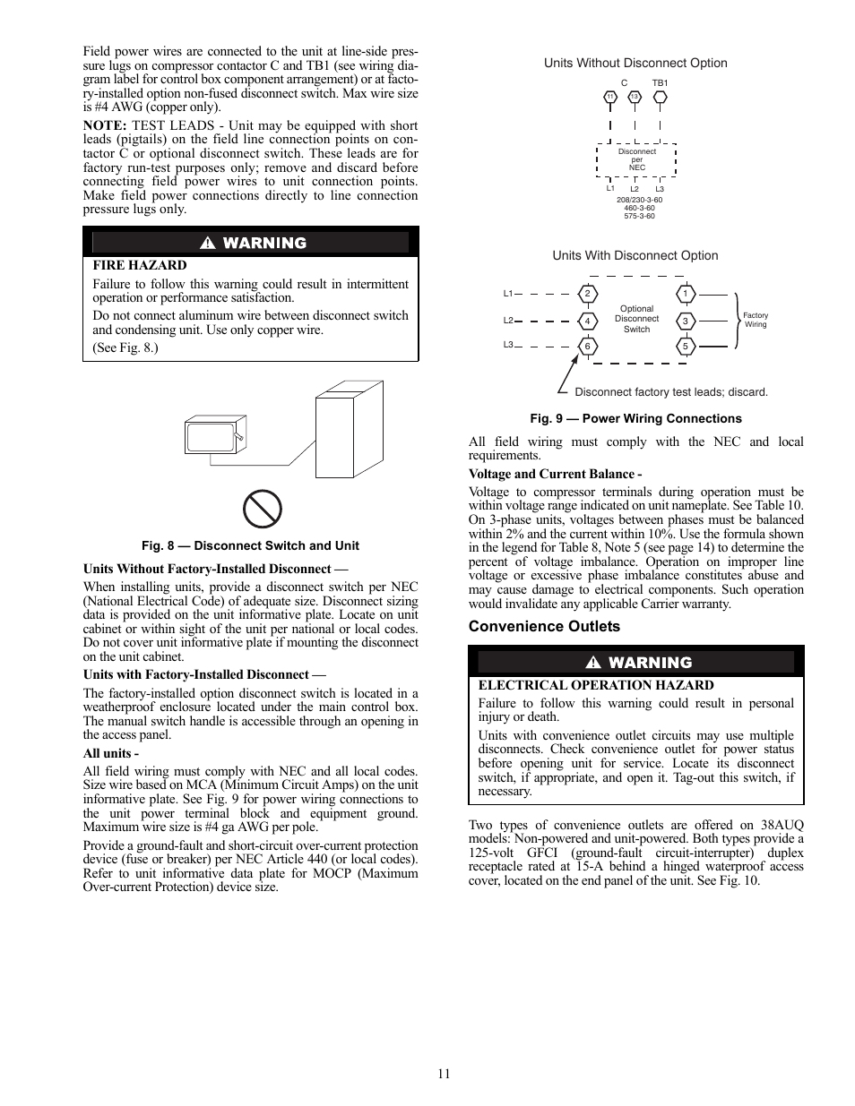 Convenience outlets | Carrier 38AUQ User Manual | Page 11 / 36