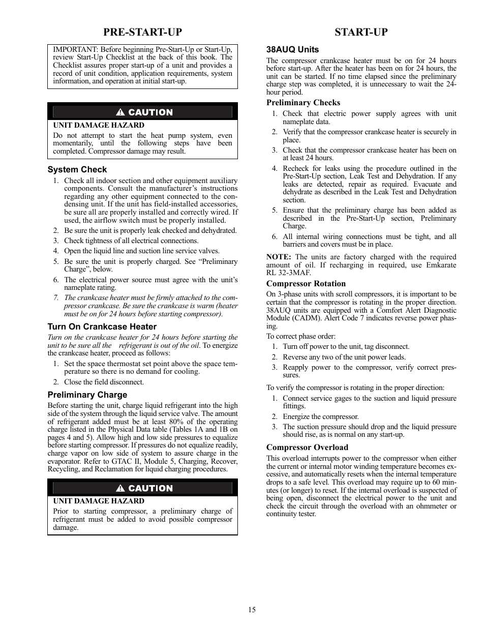 Pre-start-up, Start-up | Carrier 38AUQ User Manual | Page 15 / 36