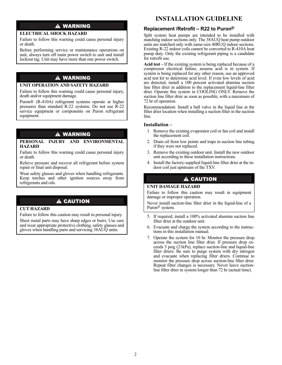 Installation guideline | Carrier 38AUQ User Manual | Page 2 / 36