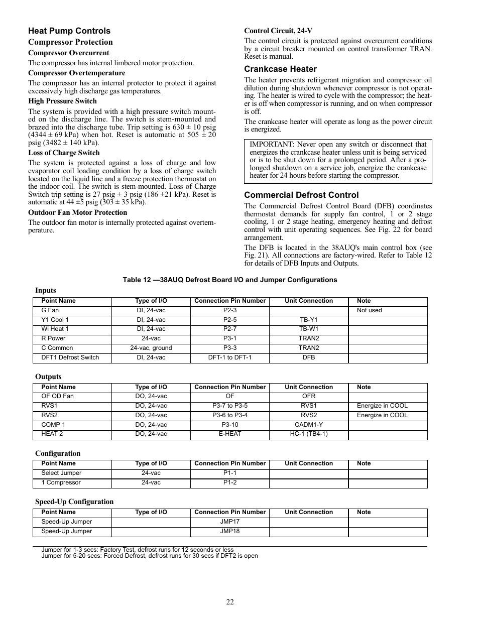 Heat pump controls compressor protection, Crankcase heater, Commercial defrost control | Carrier 38AUQ User Manual | Page 22 / 36