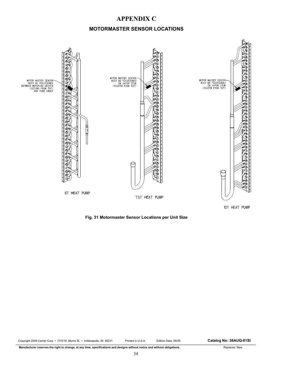 Appendix c, Motormaster sensor locations, Fig. 31 motormaster sensor locations per unit size | Carrier 38AUQ User Manual | Page 34 / 36
