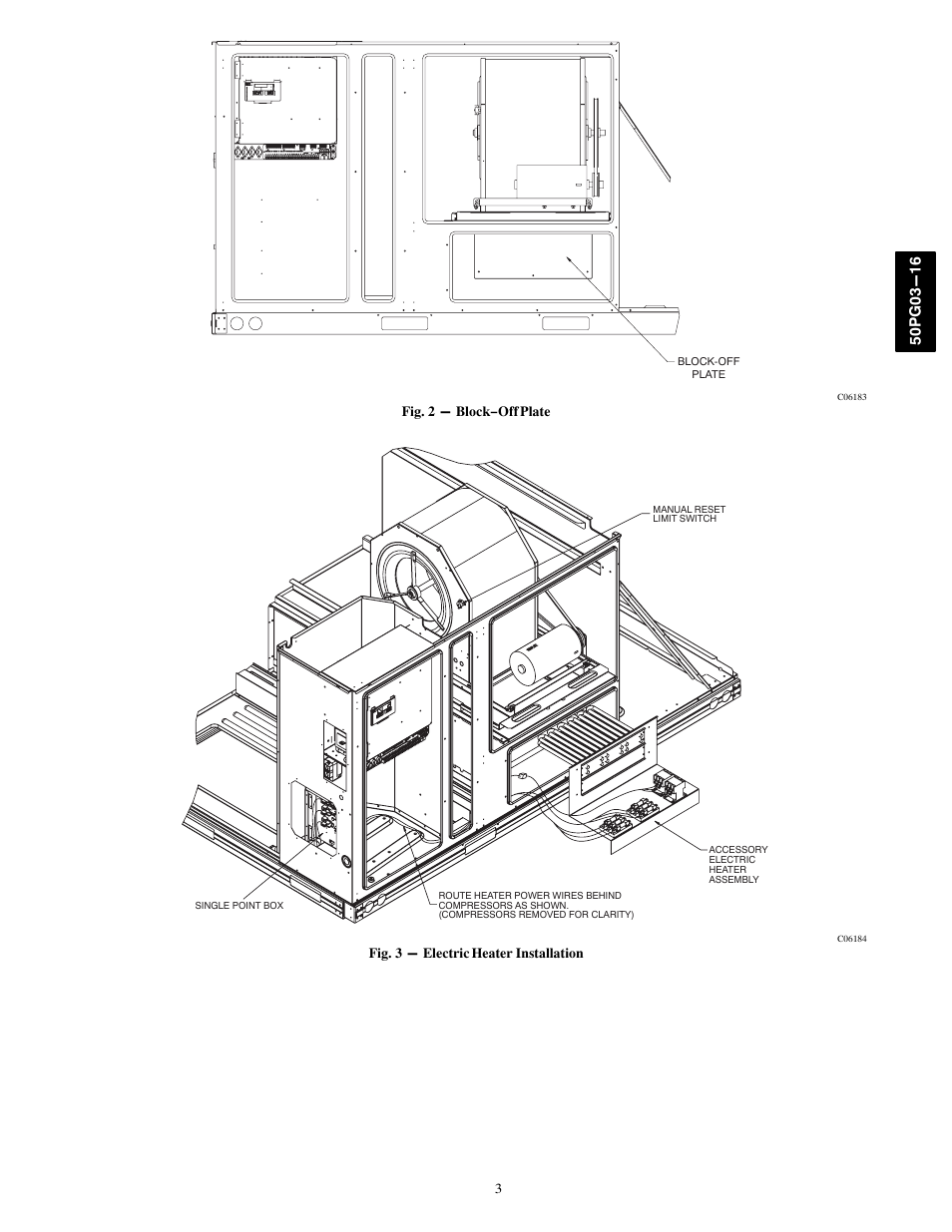 Fig. 2 − block−off plate, Fig. 3 − electric heater installation | Carrier 50PG03-16 User Manual | Page 3 / 32