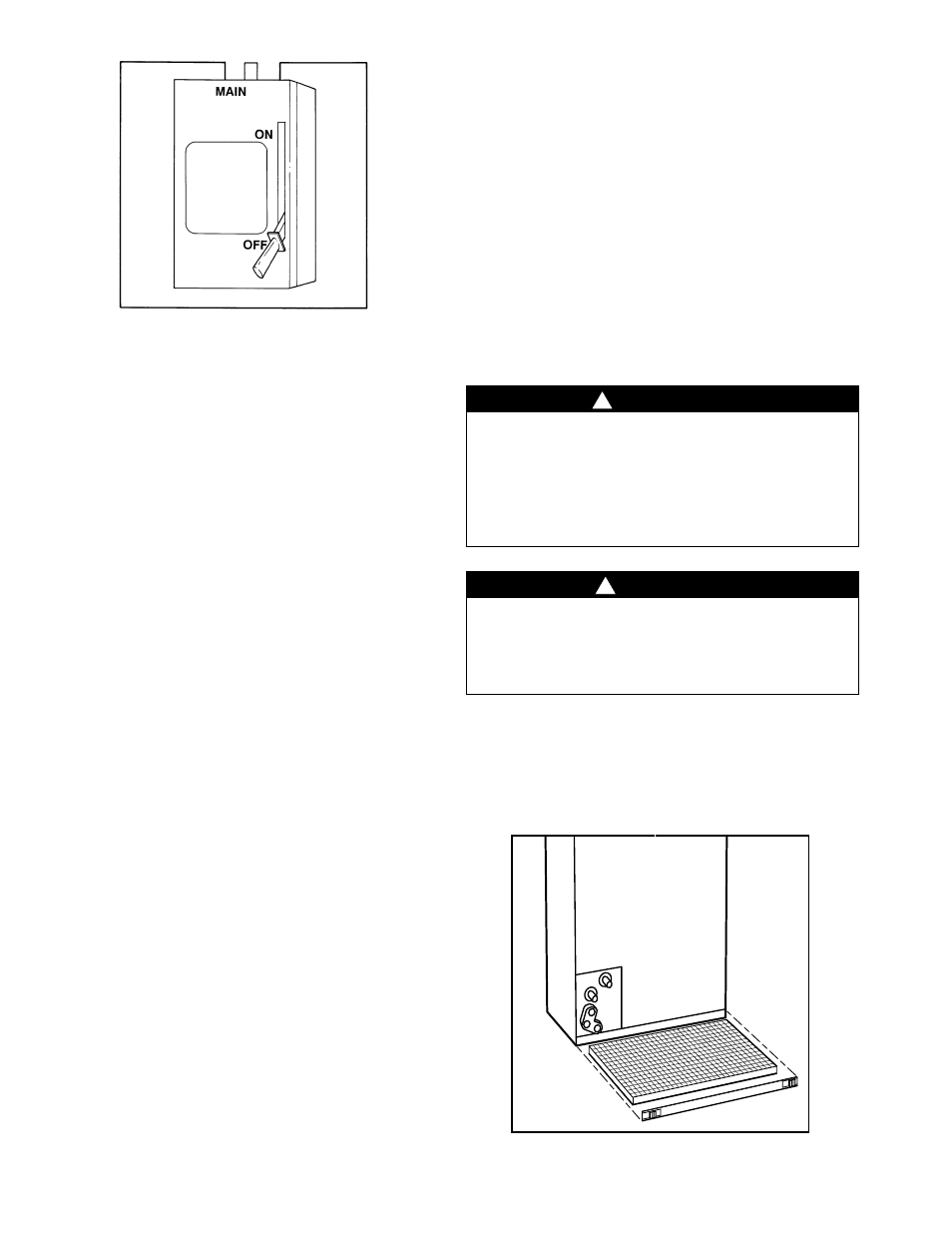 Performing routine maintenance, Warning, Caution | Fig. 4—main electrical disconnect, Fig. 5—removing filter from fan coil unit | Carrier 38CKC042 Air User Manual | Page 4 / 8