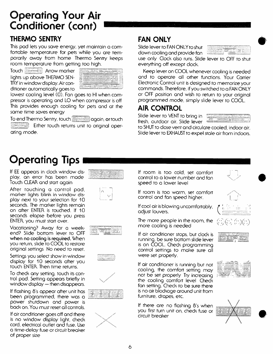 Operating your air conditioner (cont), Operating tips, Thermo sentry | Fan only, Air control | Carrier 51FP User Manual | Page 6 / 8