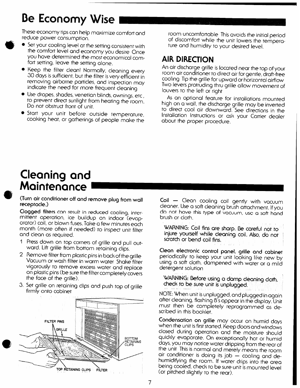 De economy wise, Air direction, Cleaning and maintenance | Cleon electronic control panel, grille and cabinet | Carrier 51FP User Manual | Page 7 / 8