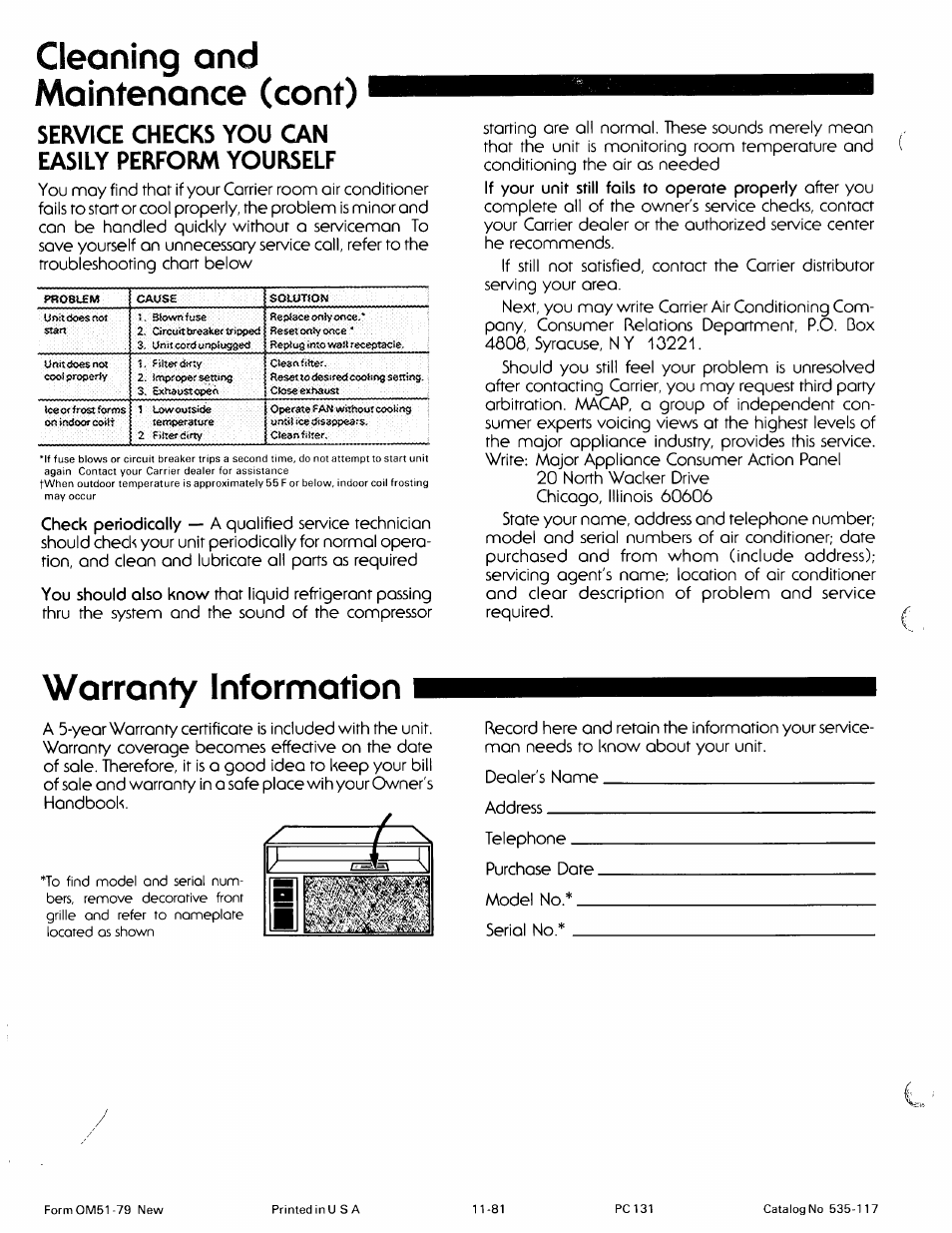 Service checks you can easily perform yourself, Warranty information, Cleaning and maintenance (cent) | Carrier 51FP User Manual | Page 8 / 8